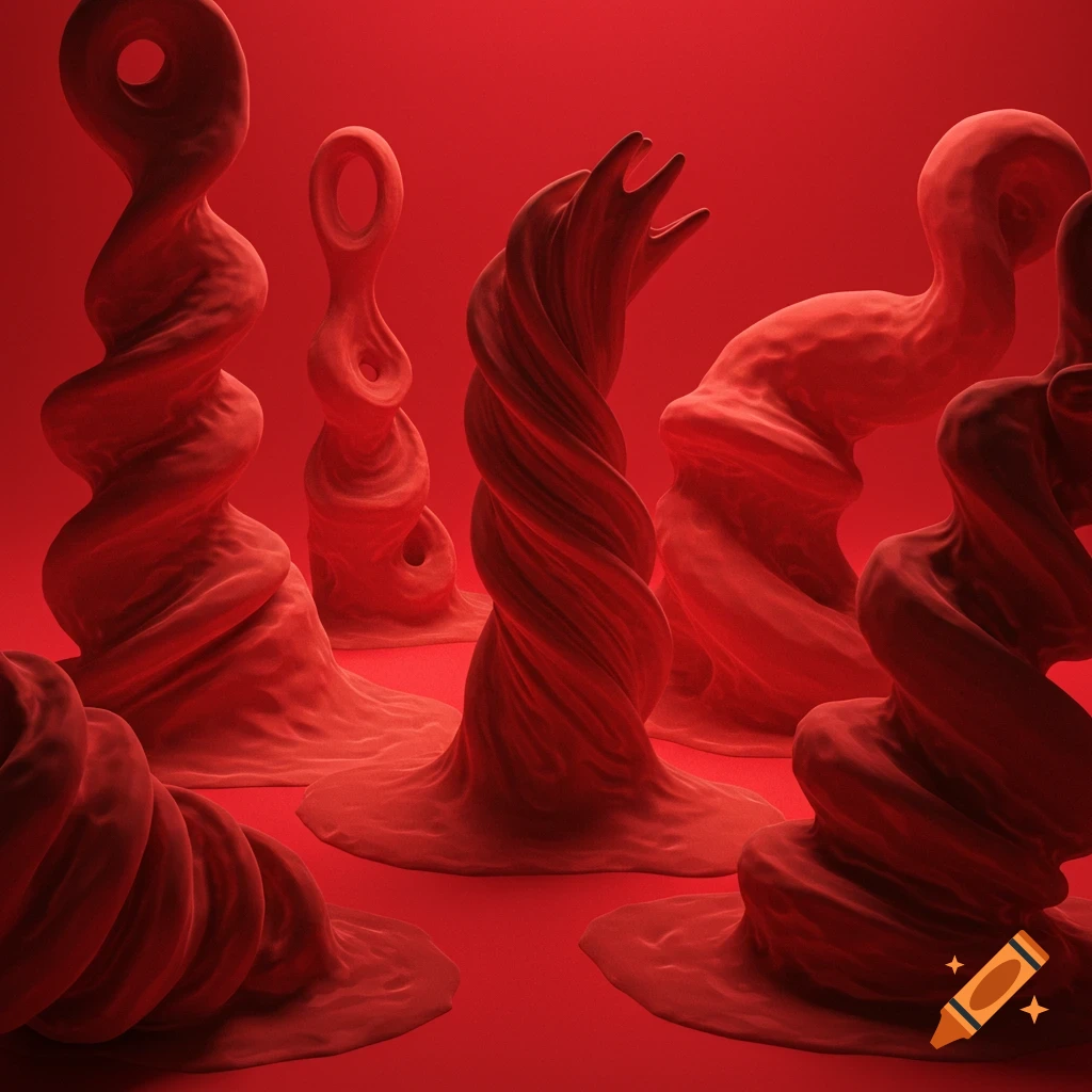 Abstract red twisted forms resembling organic matter stand on a red background with subtle lighting.