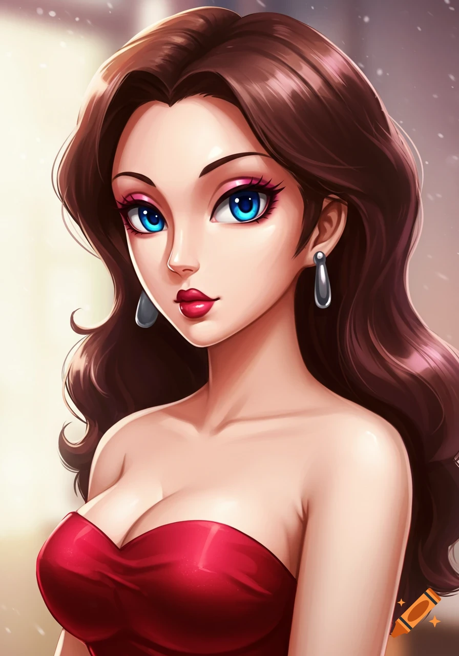 Anime style portrait of Pauline from Mario, with long brown hair, blue eyes, red lipstick, and a strapless red dress.