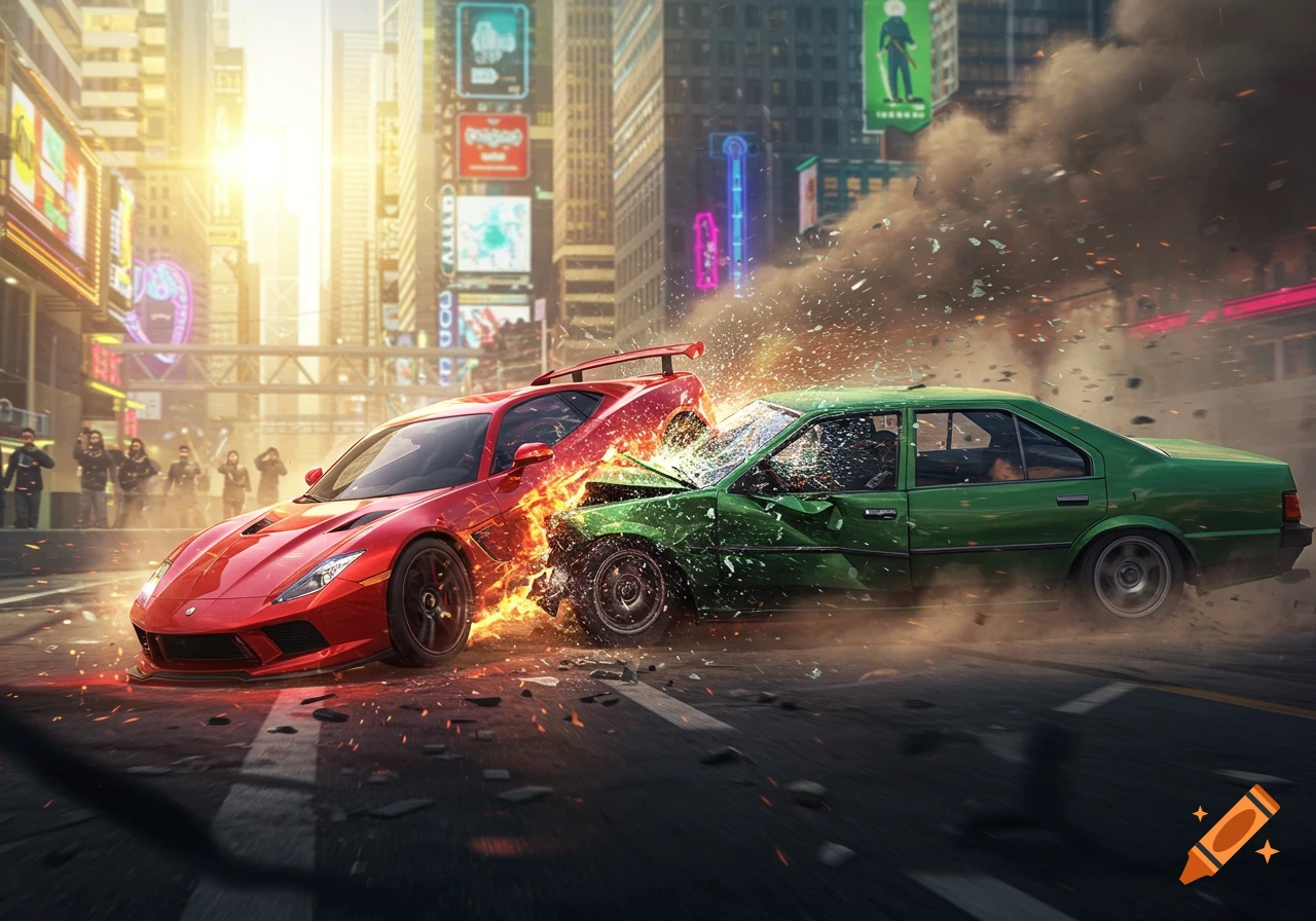 Two cars, a red sports car and a green sedan, collide in an explosive crash on a city street at sunset, with debris flying.