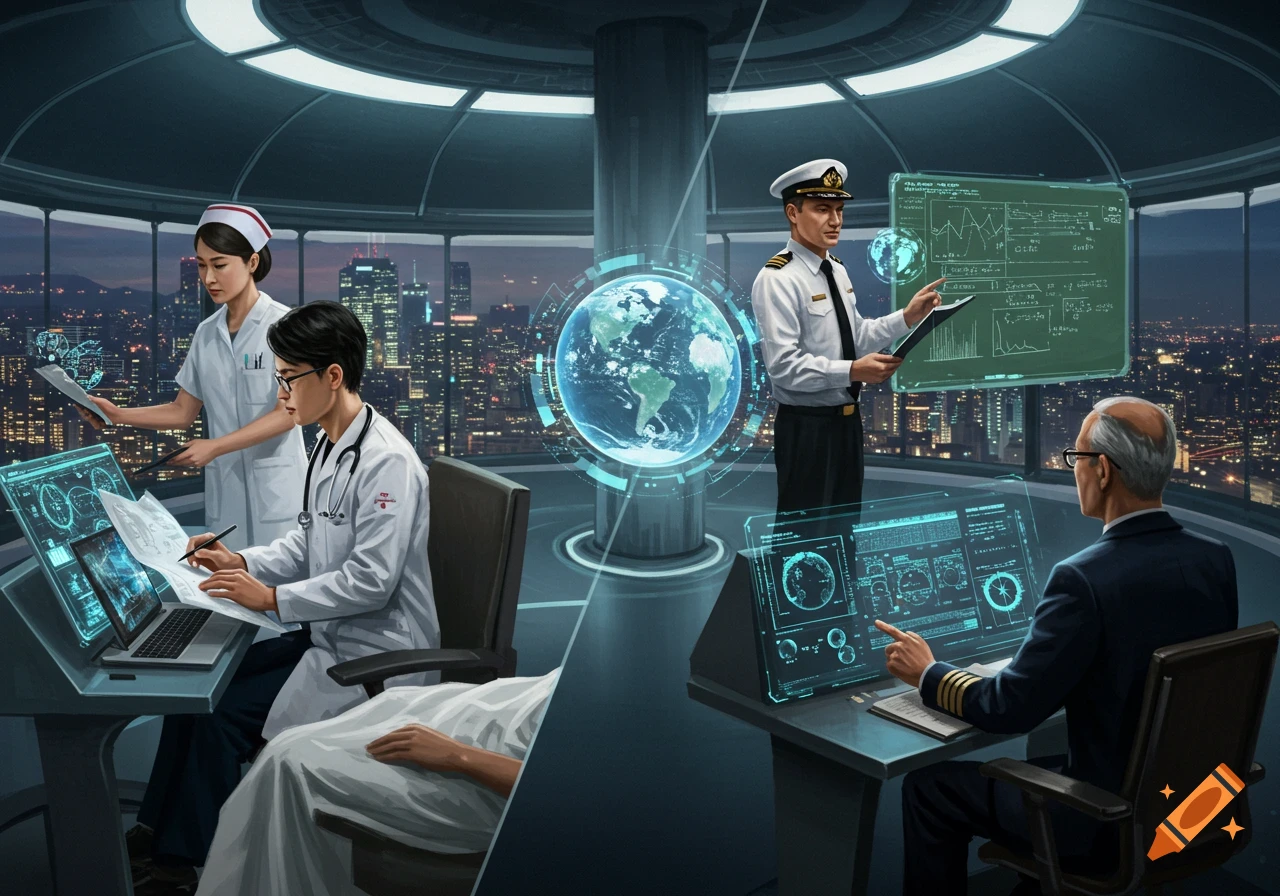 People in a futuristic control room with a city skyline view. A nurse and doctor work on the left, a naval officer and older man interact with data displays on the right, with a holographic globe in the center.