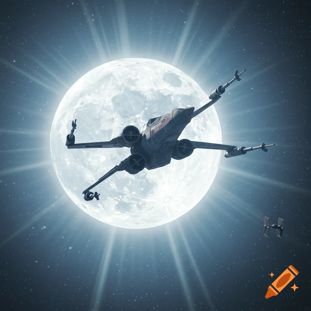 An X-wing fighter in space with a large, bright full moon behind it and a small TIE fighter in the distance.