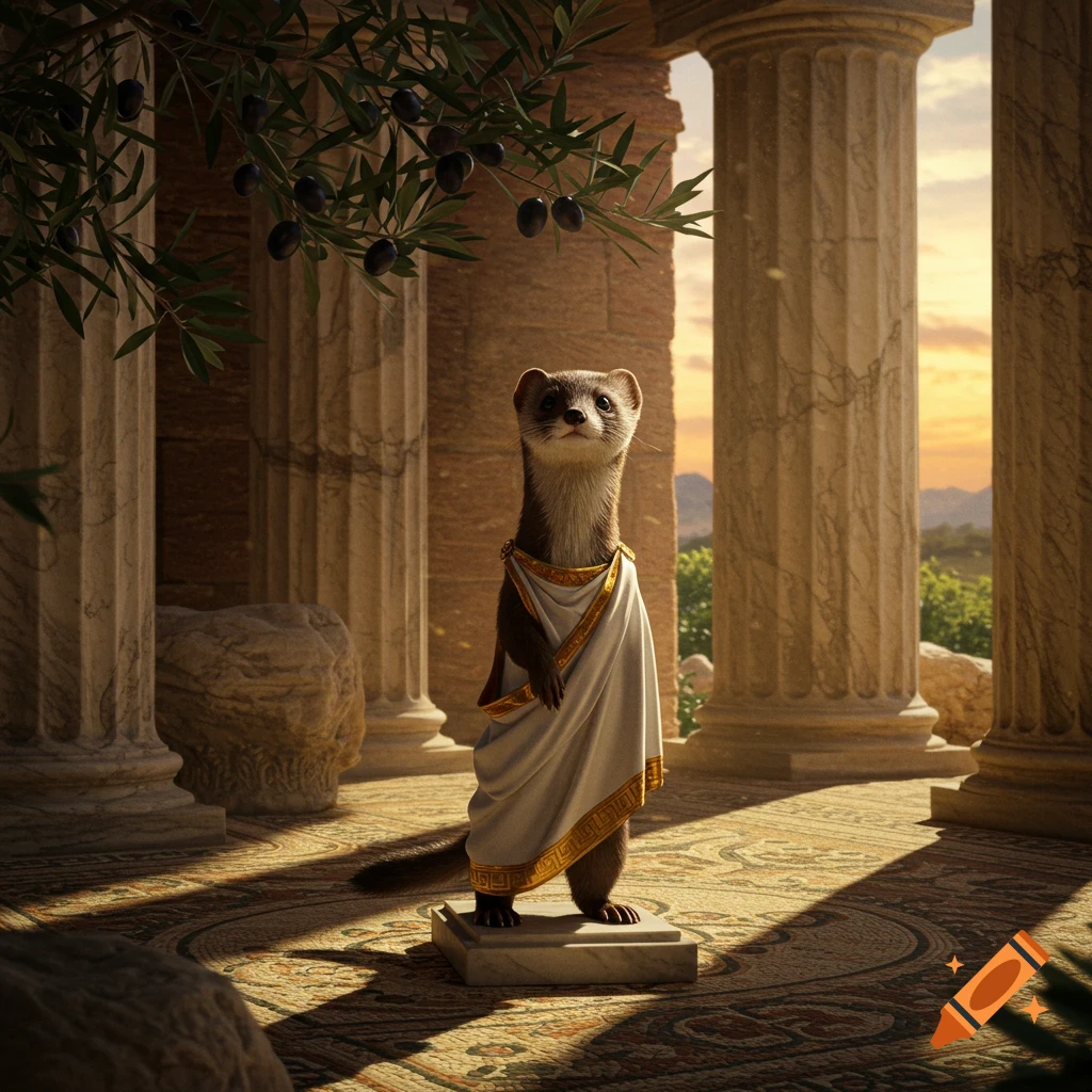 A cute photorealistic weasel in a white and gold toga stands on a pedestal in ancient Roman ruins with olive branches.
