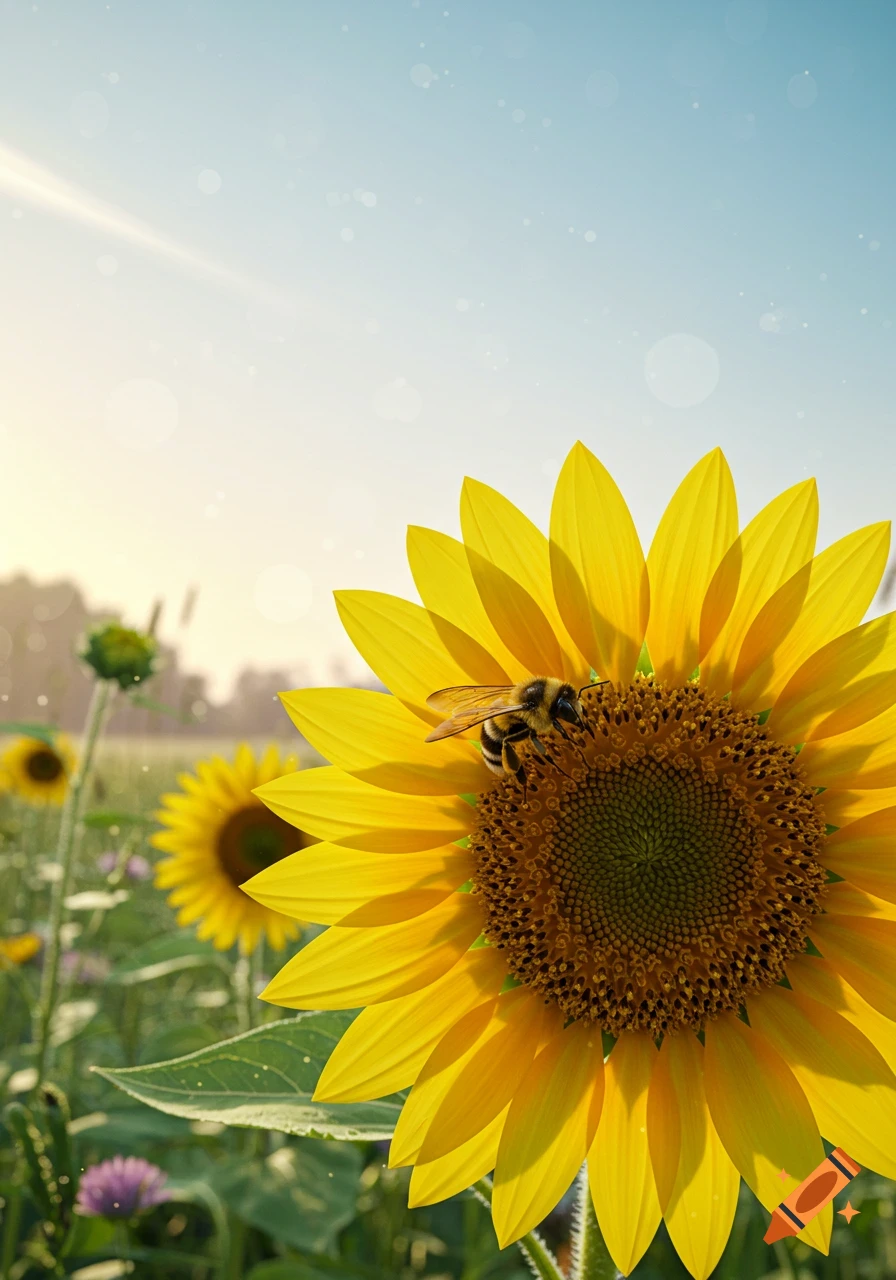 Close-up of a bee on a bright yellow sunflower in a sunny field under a blue sky, photorealistic style.