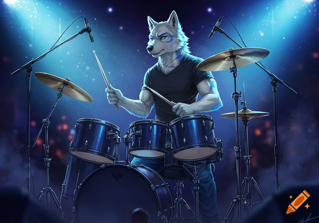 An anthropomorphic white wolf with blue highlights plays a blue drum kit on a stage with blue spotlights.