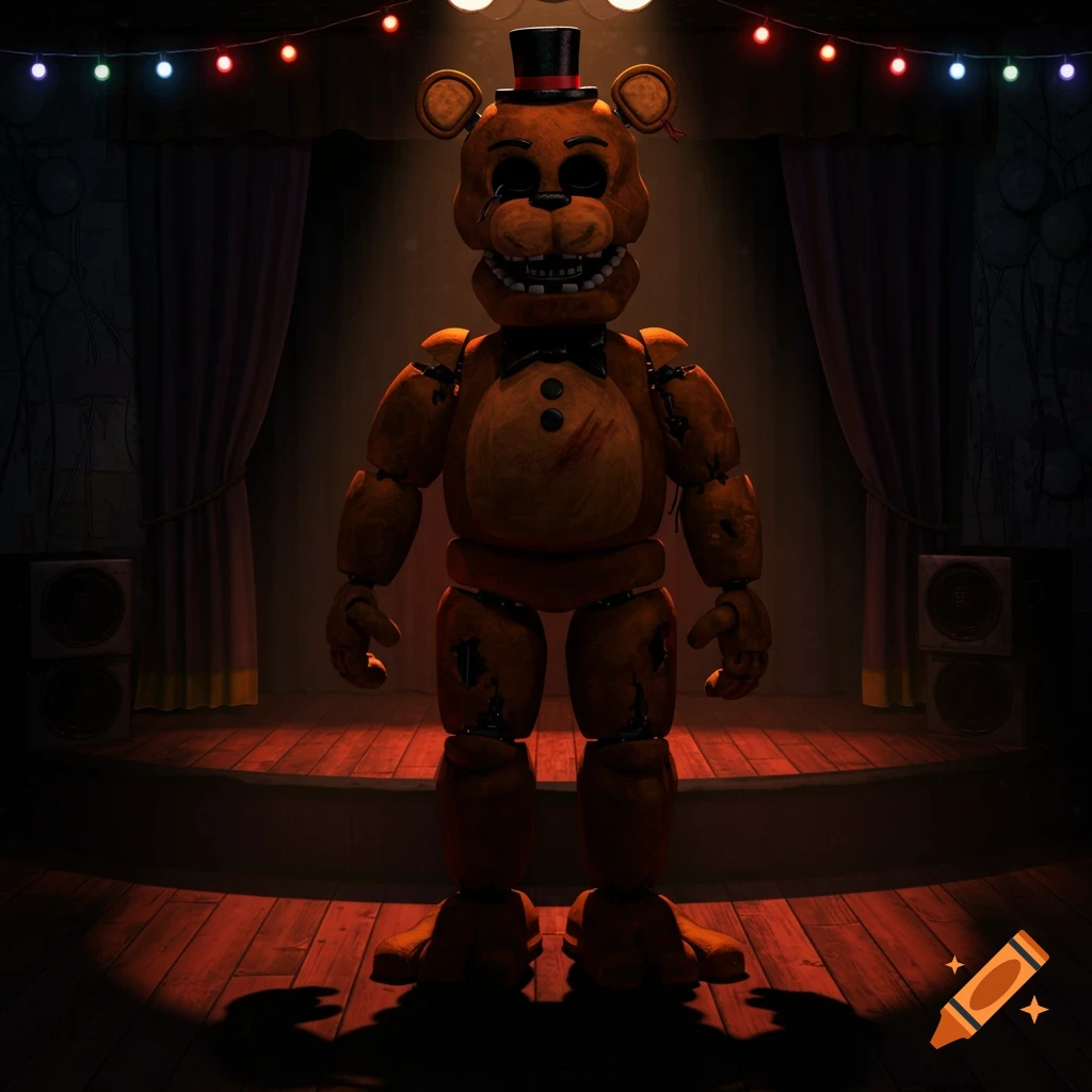 Freddy Fazbear animatronic stands on a dimly lit stage with red curtains and string lights, looking forward.