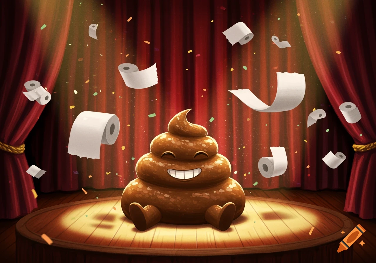 Smiling cartoon poop emoji on a stage with red curtains, surrounded by falling toilet paper and confetti.