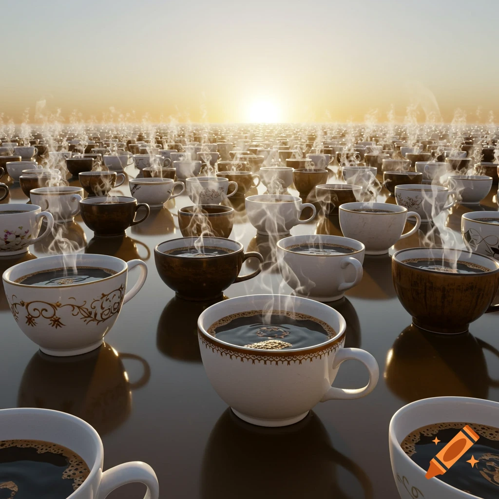 A vast field of steaming coffee cups of various designs extending to a bright horizon at sunrise or sunset, with a reflective surface.
