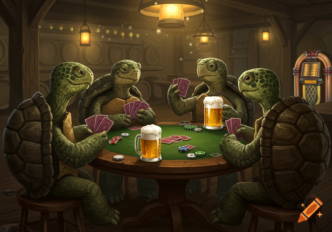 Four anthropomorphic turtles play poker and drink beer at a table in a dimly lit tavern, in an illustrative style.