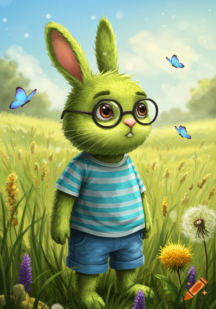 Cartoon green rabbit in glasses, striped shirt, and shorts stands in a sunny field with butterflies.