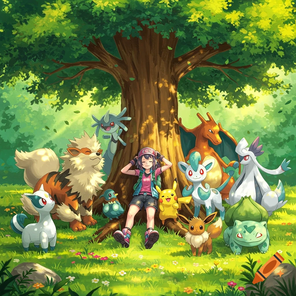 A female Pokémon trainer rests under a large tree with her team of various Pokémon in a lush green forest, anime style.