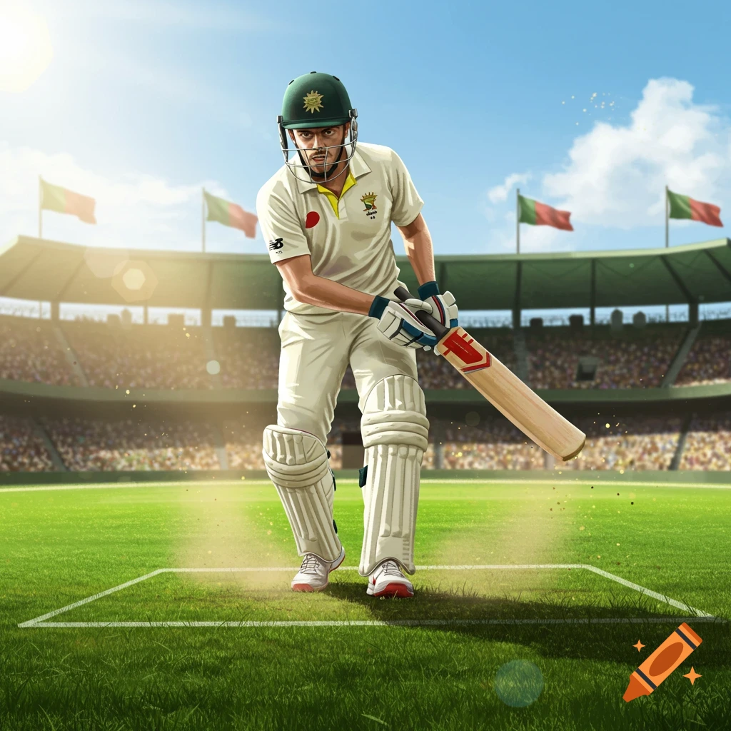 A cricket player in a stadium, dressed in white uniform and helmet, holding a bat, ready to play.