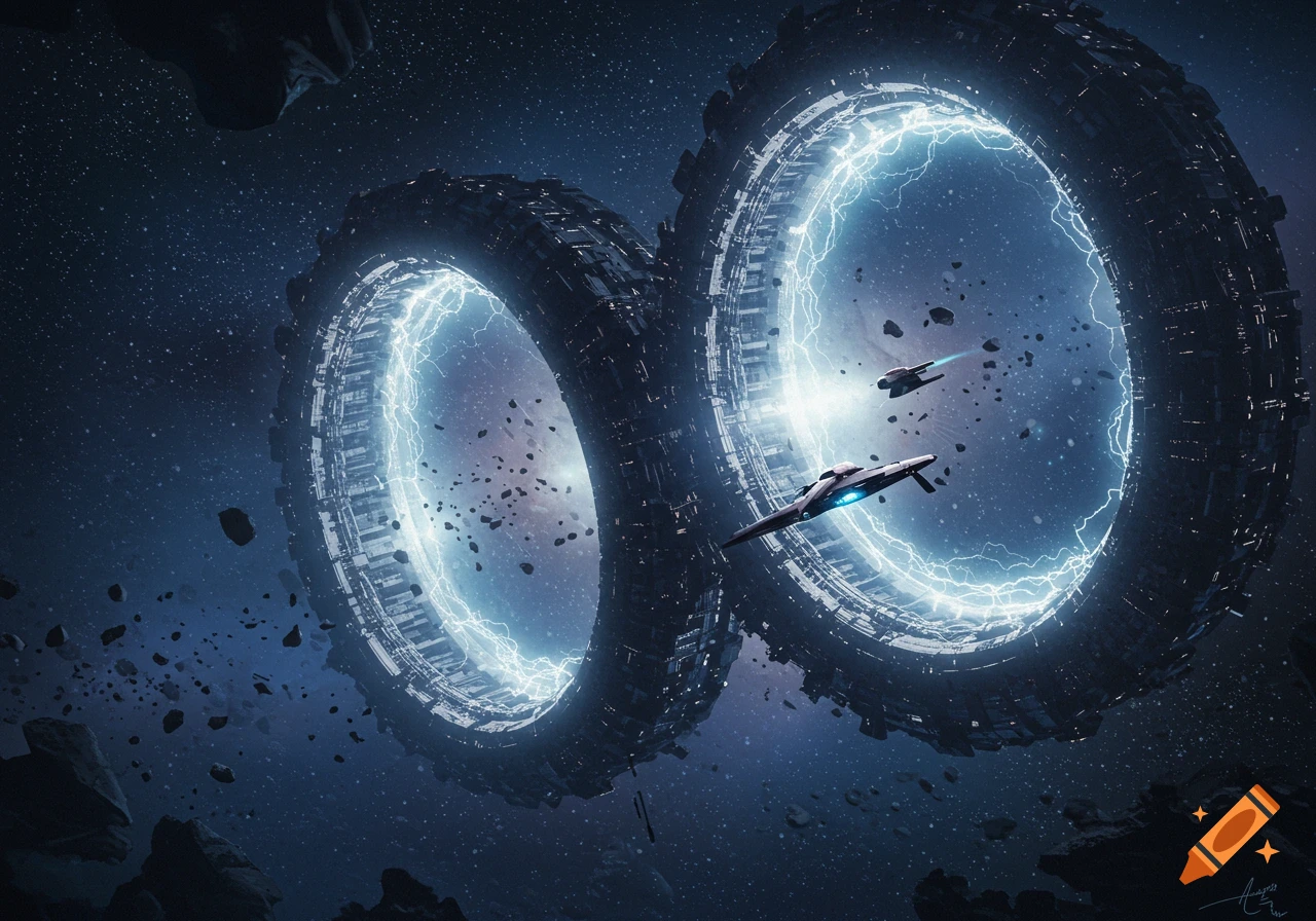 Two large, glowing blue space warp gates in deep space, with two small spacecraft flying through them among asteroids.