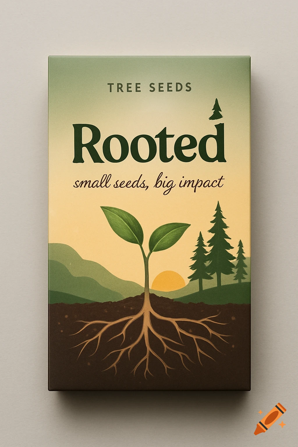 Illustration of a 'Rooted' tree seed packet featuring a green sprout with roots in soil, sun, mountains, and trees.