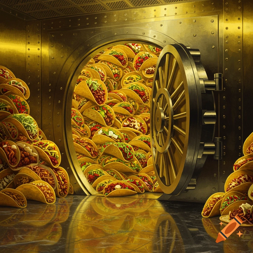 A photorealistic golden bank vault with its door open, overflowing with countless tacos that spill onto a reflective floor.