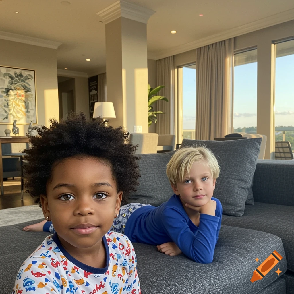 Two young boys in pajamas on a gray couch in a modern apartment. One boy with dark curly hair looks at the camera, while a blonde boy lies next to him, propped on an elbow.
