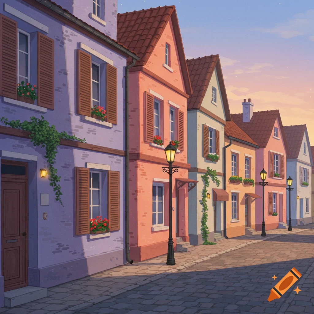 Colorful, quaint houses with shutters and flower boxes line a cobblestone street at sunset, in an illustrative style.