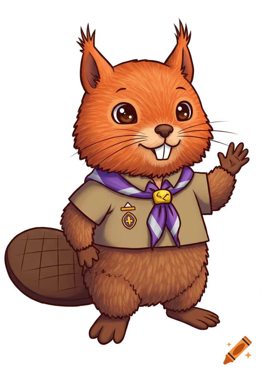 Whimsical cartoon beaver-squirrel hybrid character with reddish-orange fur, big eyes, wearing a brown scout uniform and a purple neckerchief, waving hello.