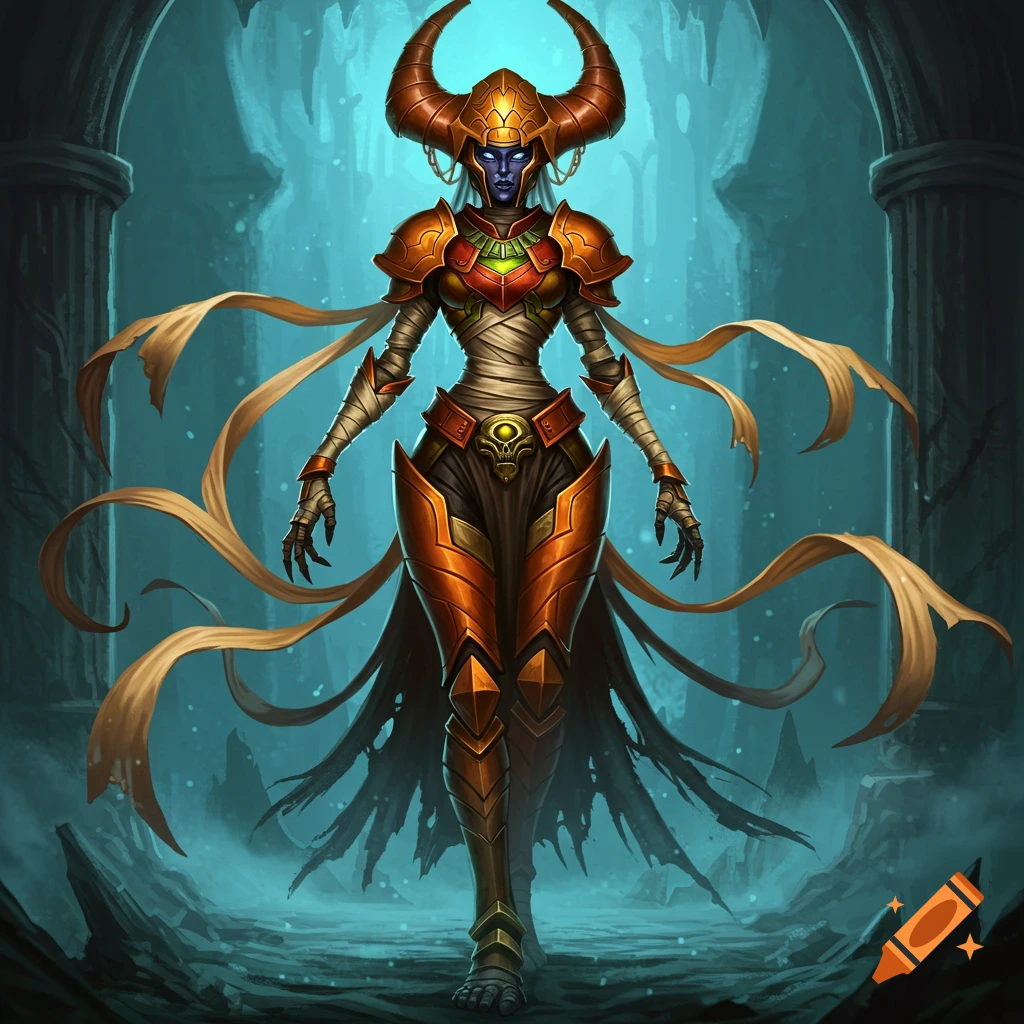A mummified dark elf woman in orange, brown, and gold power armor and an elaborate horned headdress stands menacingly in a dark, cave-like setting.