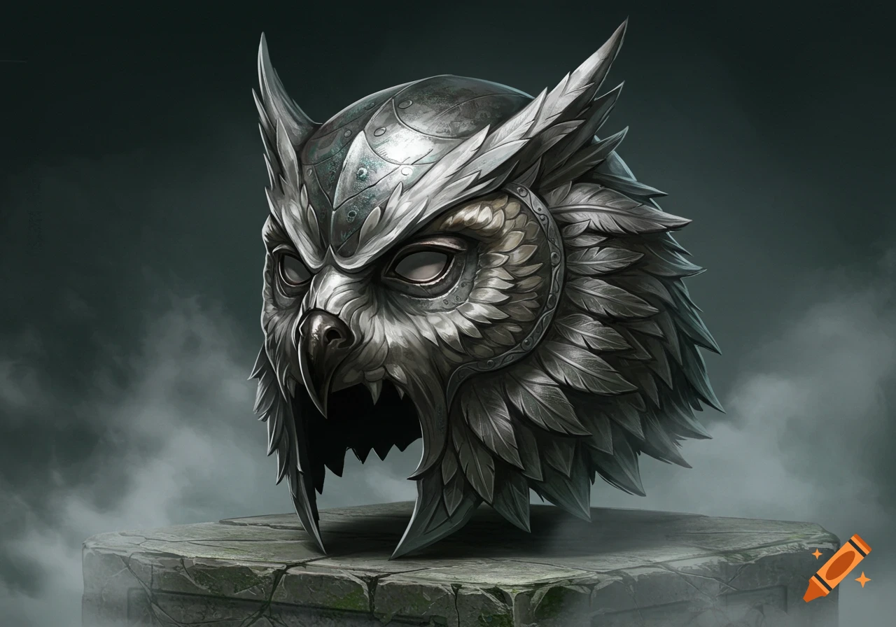 A highly detailed, silver metal helmet shaped like an owl or owlbear, resting on a stone pedestal with a smoky background.