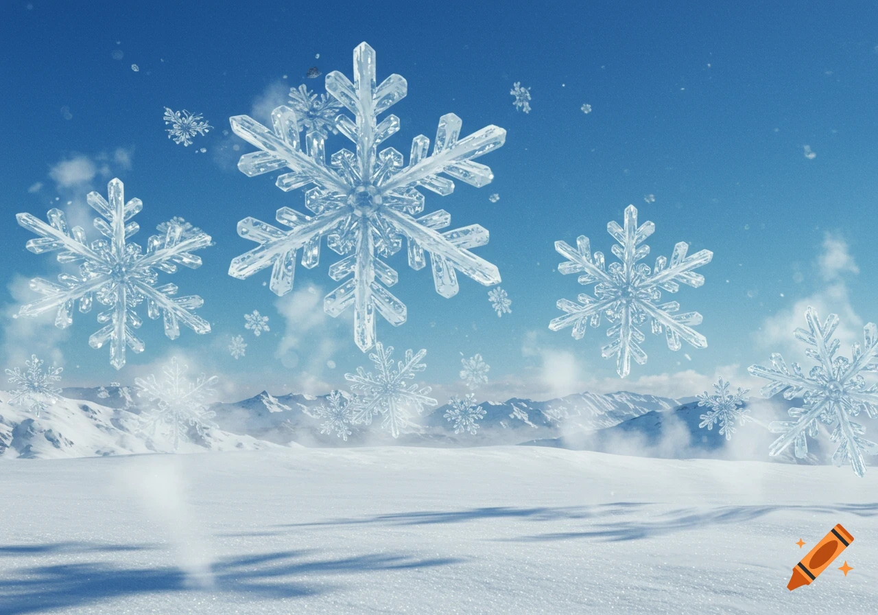 Large, sparkling snowflakes float above a snow-covered mountain landscape under a clear blue sky.
