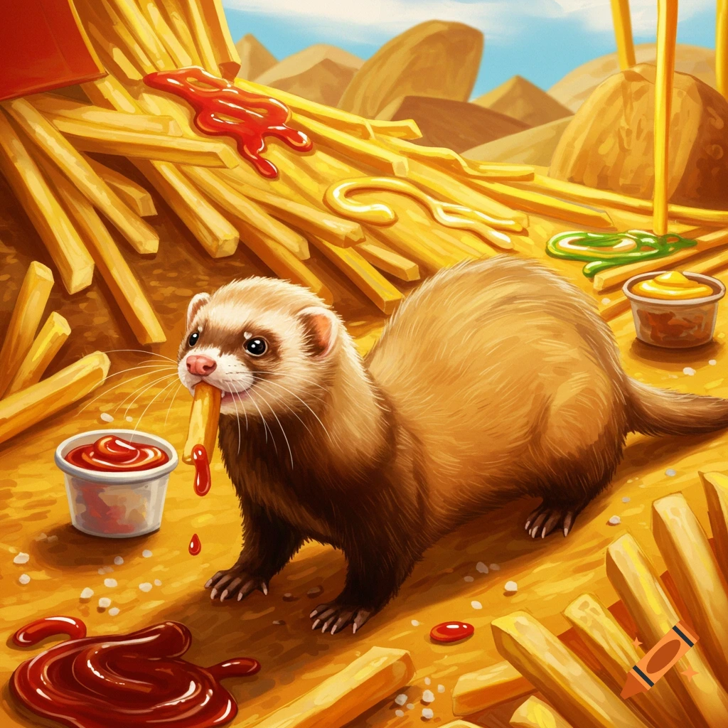 A cute ferret eats a ketchup-dipped french fry amidst a landscape of many fries and condiments.