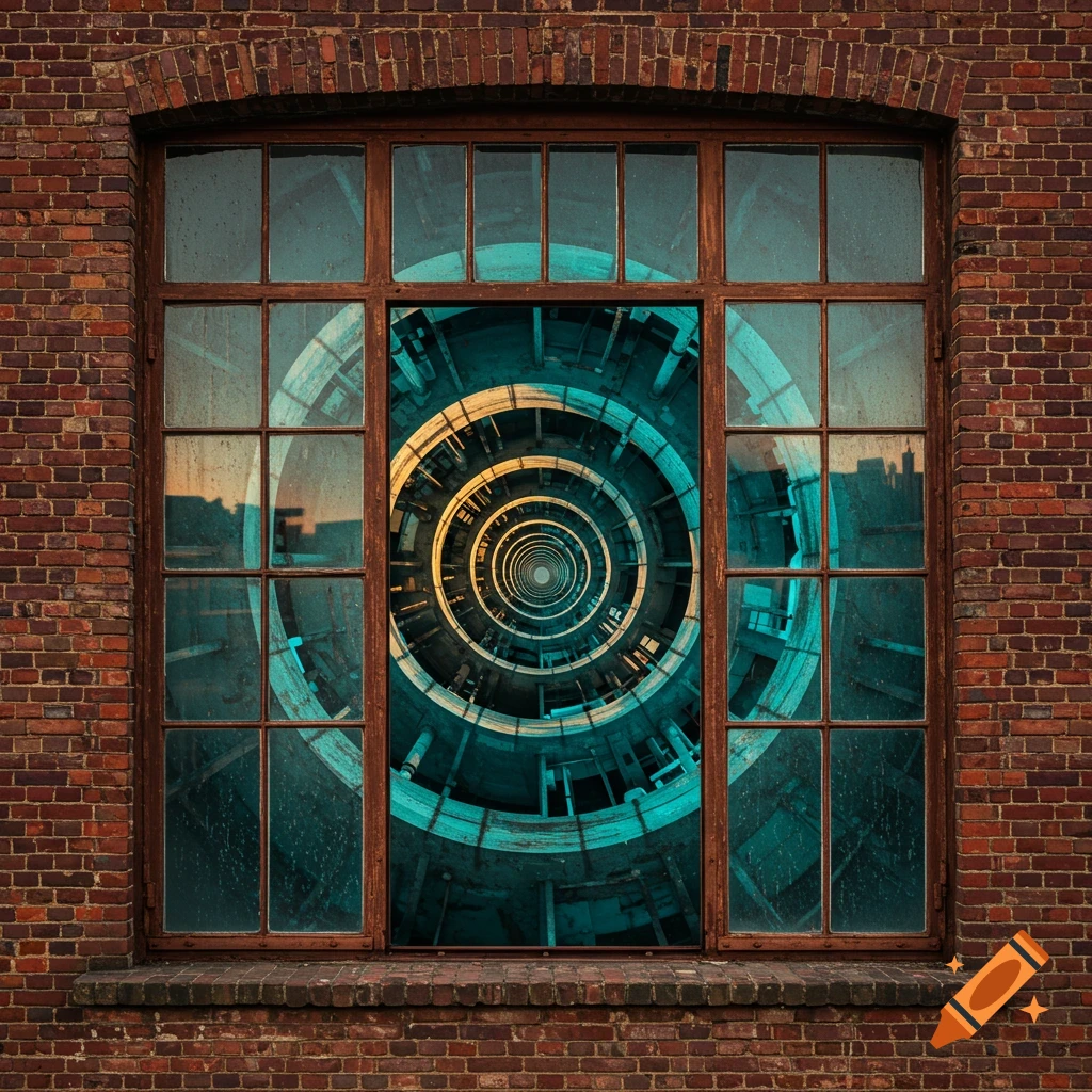 An old factory window in a brick wall looks into a swirling teal and gold 3D optical illusion tunnel.