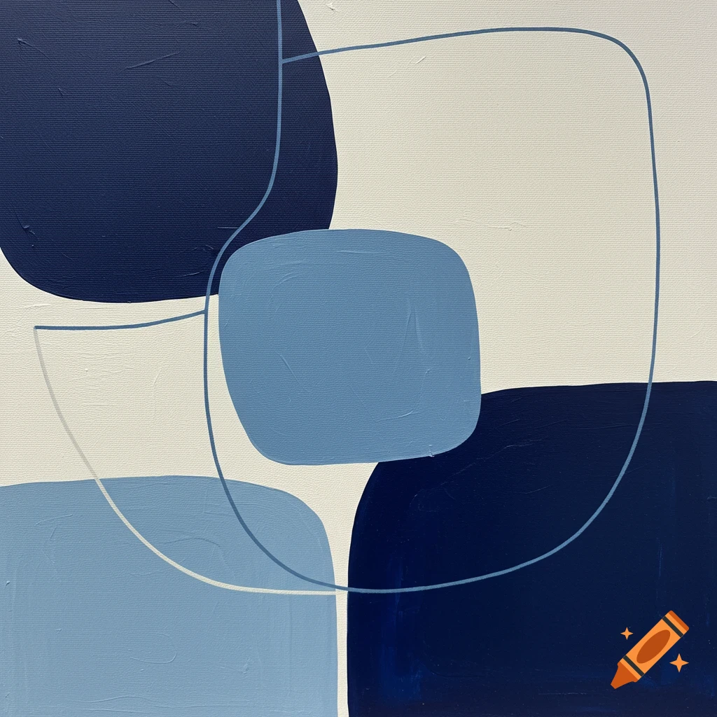 Mid-century modern abstract acrylic painting with rounded dark and light blue shapes and curved lines on an off-white background.