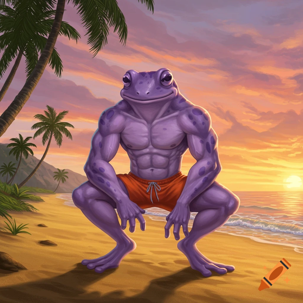 A muscular purple frog man in orange swim trunks squats on a sandy beach with palm trees at sunset.