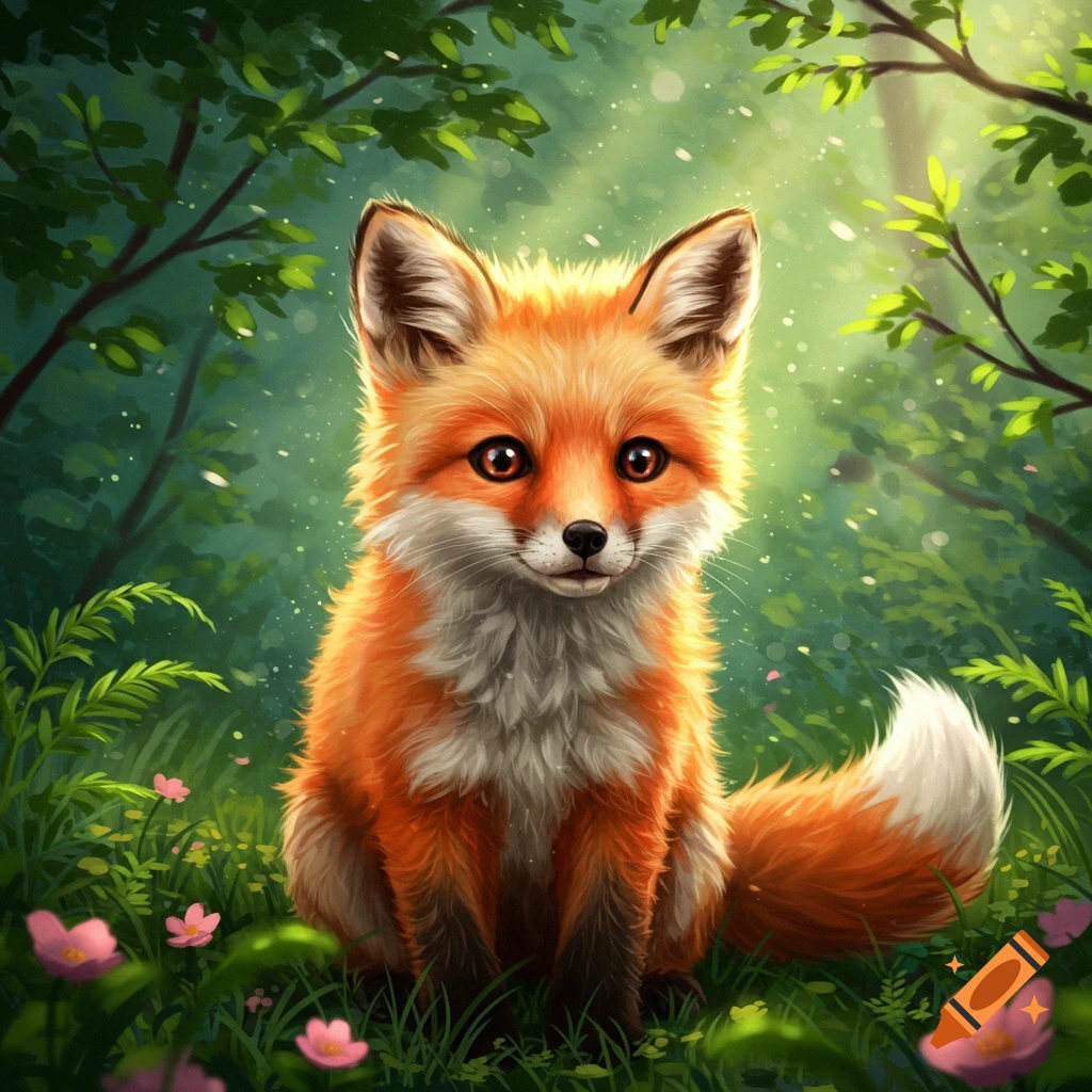 A cute, fluffy orange fox with white markings sits in a vibrant green forest among pink flowers, illustrated style.