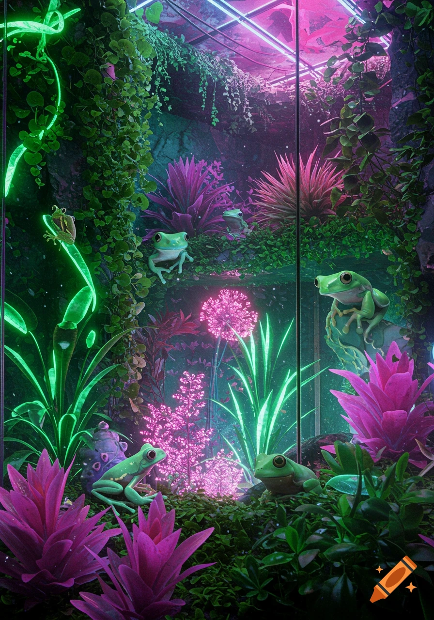 A vibrant terrarium with green tree frogs among glowing green plants, pink foliage, and neon lights.