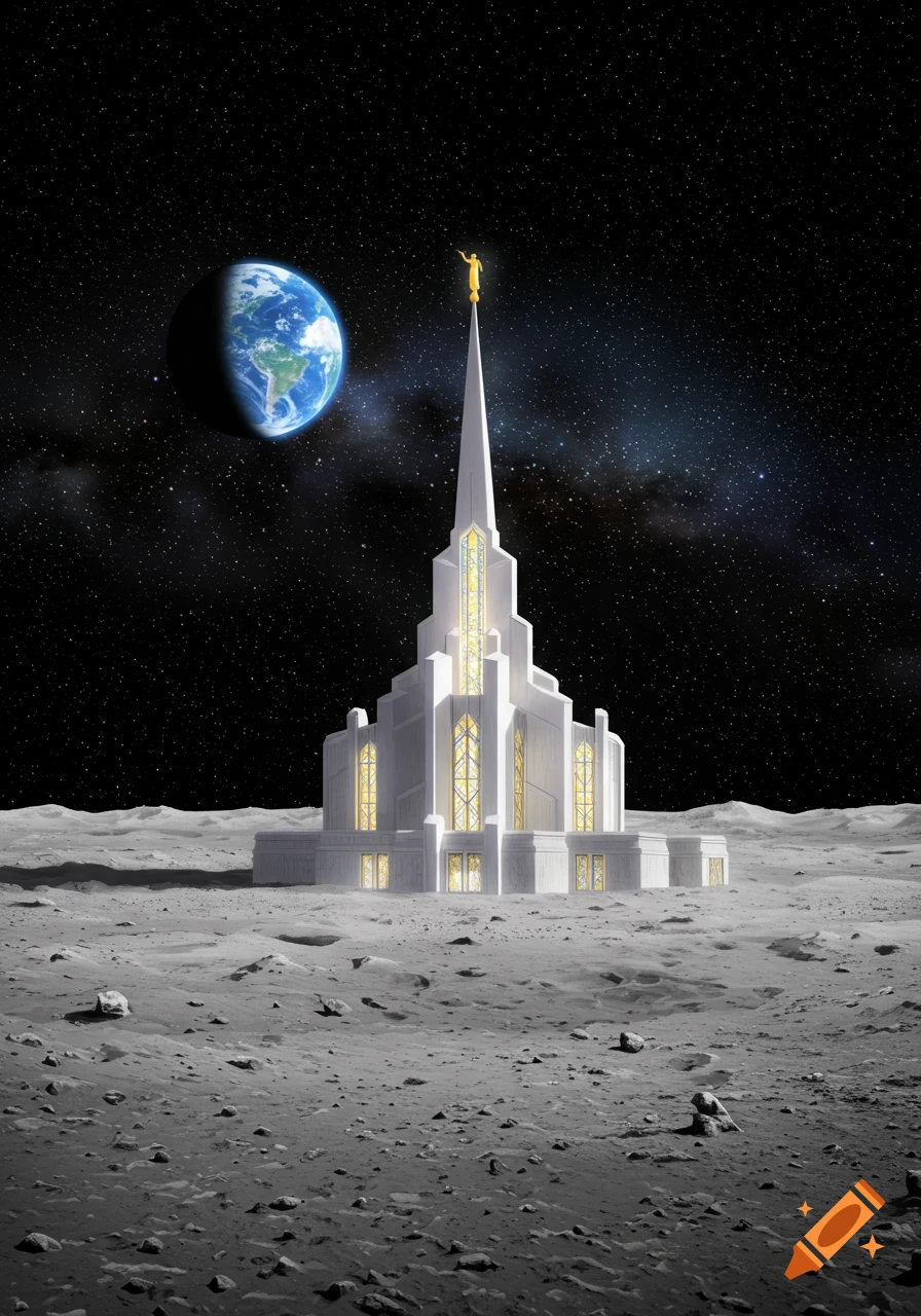 A white temple with a golden statue on its spire stands on the moon's cratered surface, with Earth and stars in the background. Photorealistic.