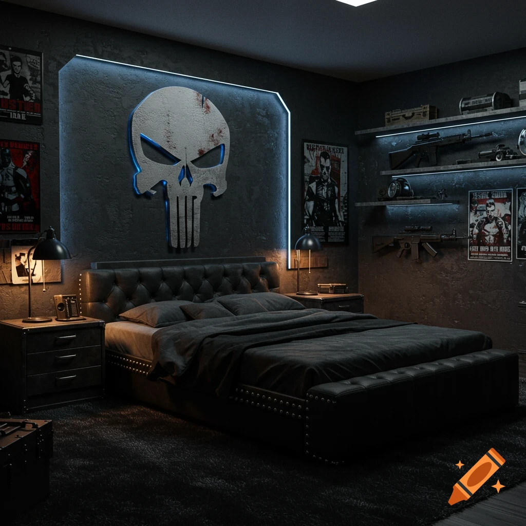 A dark, Punisher-themed bedroom with a large skull logo on the wall, a bed, and shelves displaying firearms and other memorabilia.