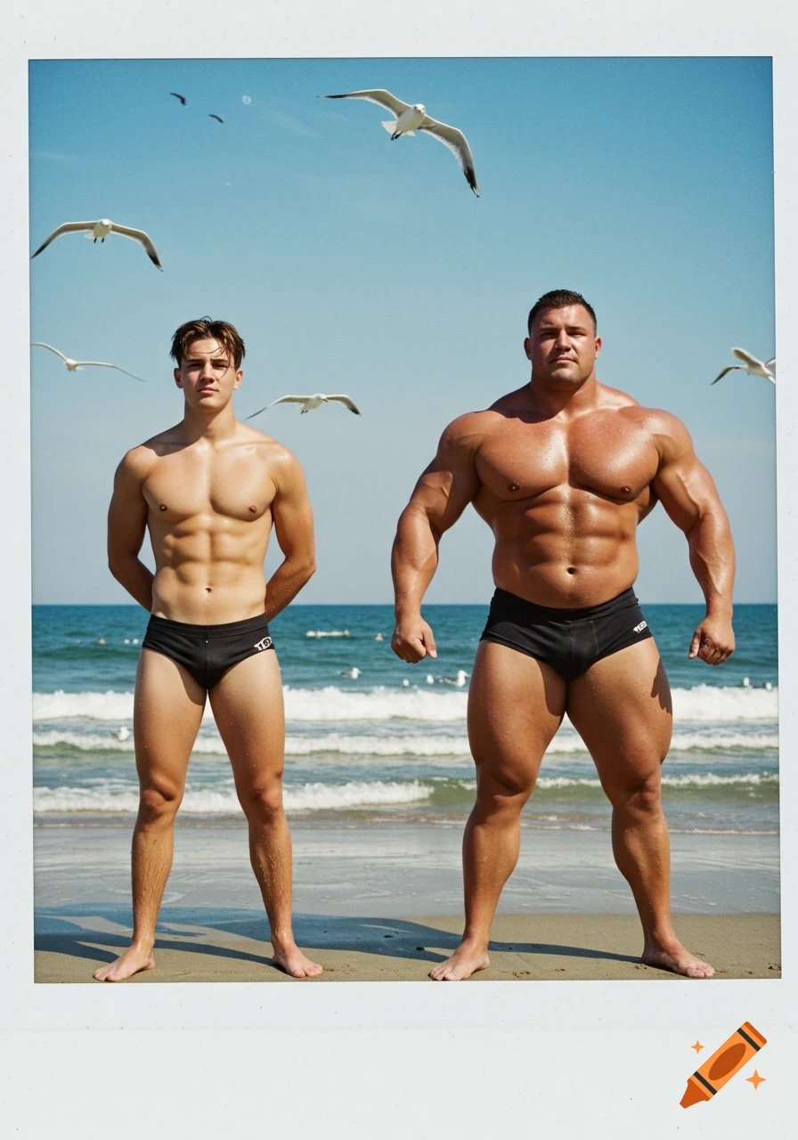 Two muscular men, one with a swimmer's body and one with a strongman's body, stand on a beach in a polaroid photo.