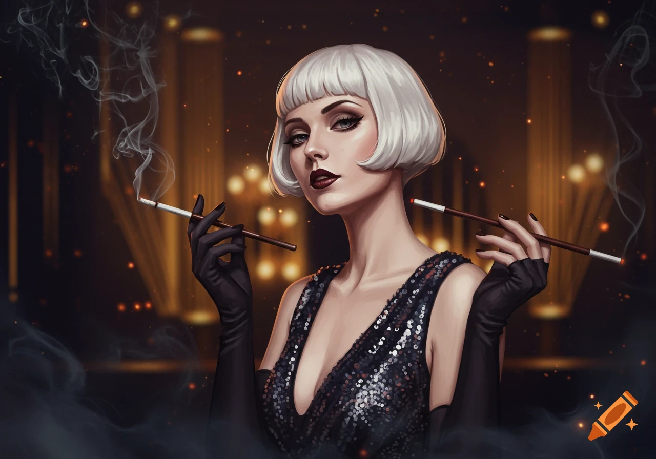 A stylish woman with a white bob haircut, dark makeup, and a sequined dress holds two cigarette holders in a smoky, glamorous setting.
