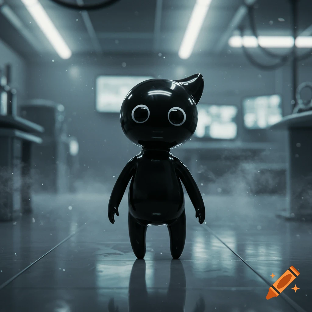 A glossy black humanoid creature with large white eyes stands in a dimly lit, misty laboratory-like room with bright overhead lights.