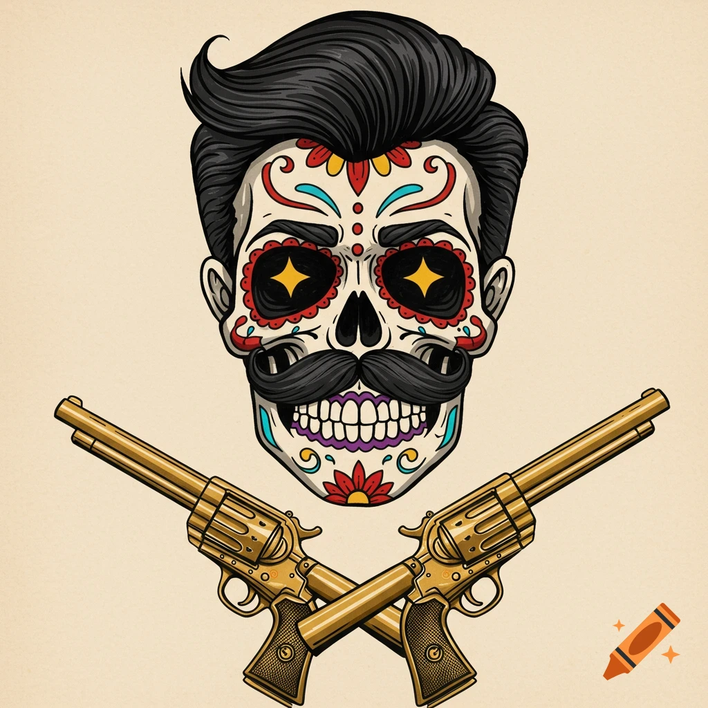A colorful Dia de los Muertos sugar skull with a mustache and intricate floral designs, set above two crossed golden revolvers in a vintage tattoo art style.