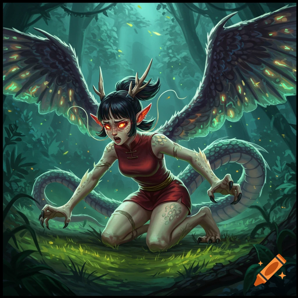 A dark-haired woman in a red dress with horns, glowing red eyes, pointed ears, scaly skin, claws, and large wings kneels in a forest, transforming into a dragon.