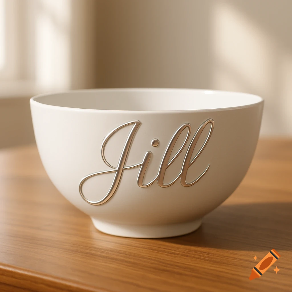 A white ceramic bowl with the name "Jill" written on its side in an elegant silver script.