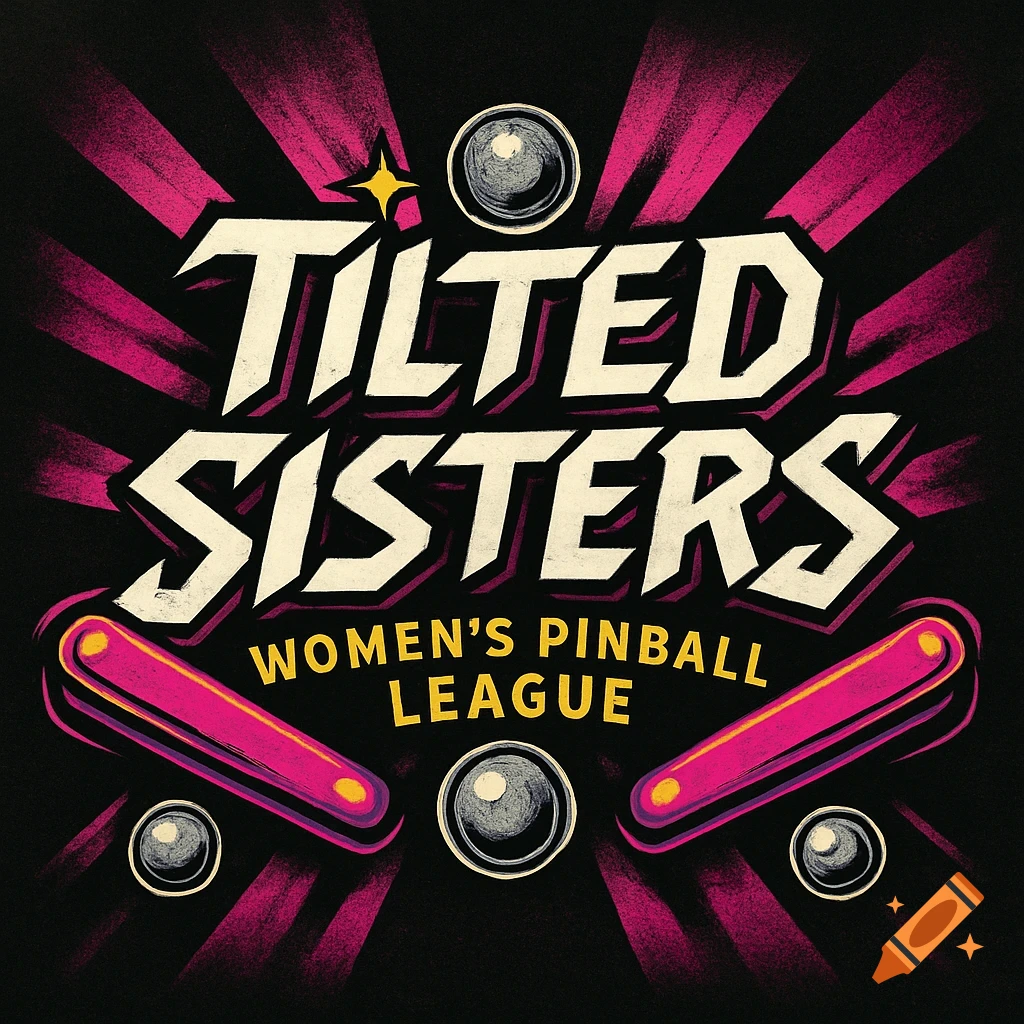 A vibrant logo for "Tilted Sisters Women's Pinball League" with text in a bold, retro style, featuring pinball flippers and balls against a black background with pink rays.