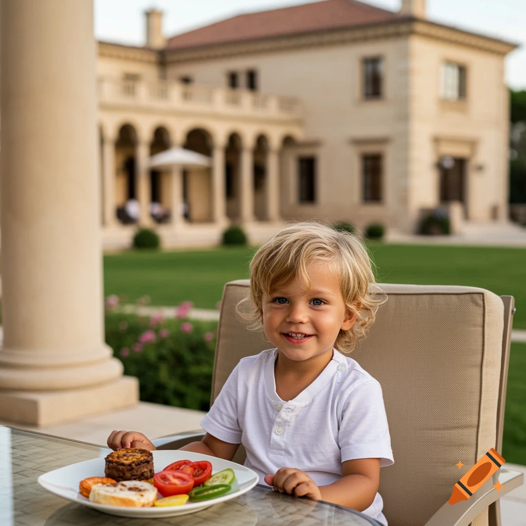 A smiling little boy with blonde hair and blue eyes sits at a patio table with a plate of food in front of a large mansion.