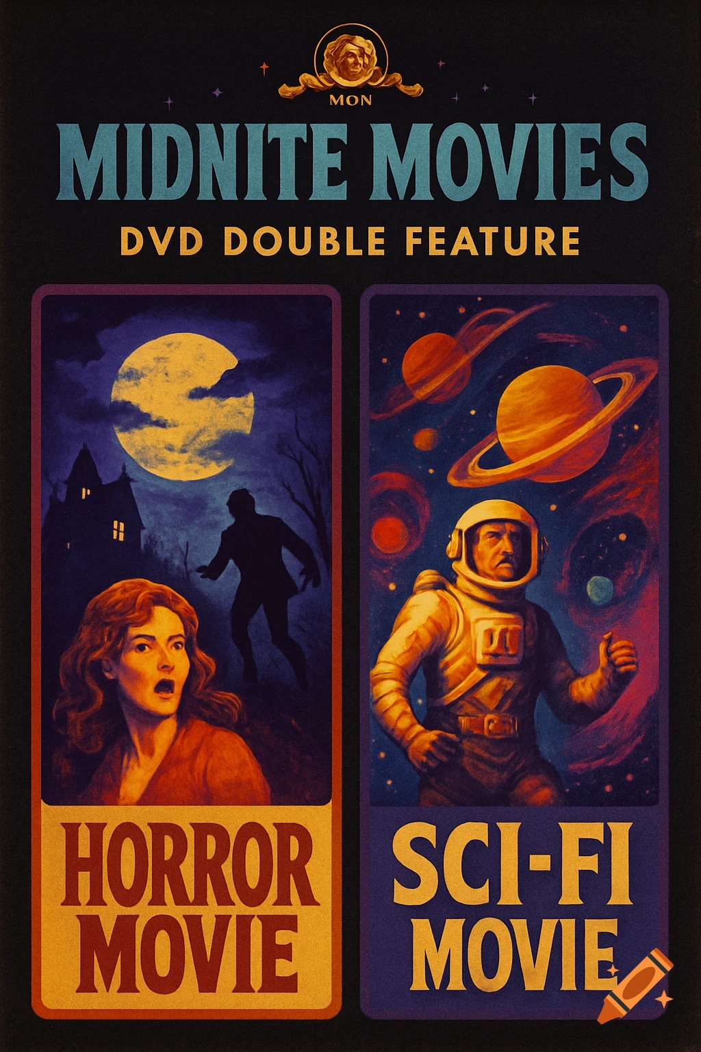 A retro-style DVD cover for "Midnite Movies" double feature, showing a scared woman and haunted house for "Horror Movie" and an astronaut in space for "Sci-Fi Movie".