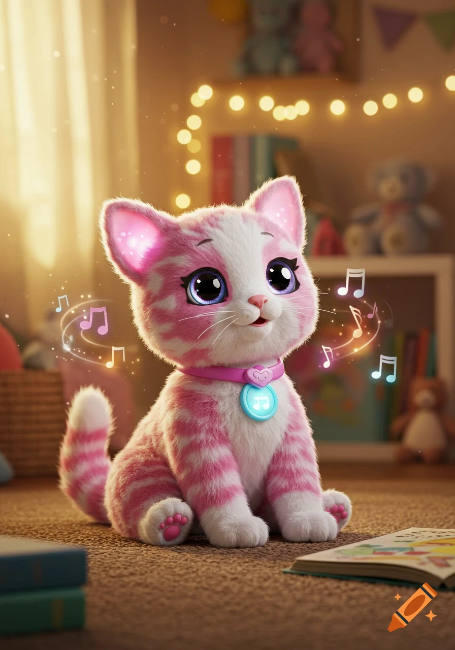 A cute, stylized, pink and white striped toy kitten with big blue eyes, wearing a pink collar with a blue musical note charm, sits on a carpet. Musical notes float around its head in a softly lit room with string lights and blurred objects in the background.