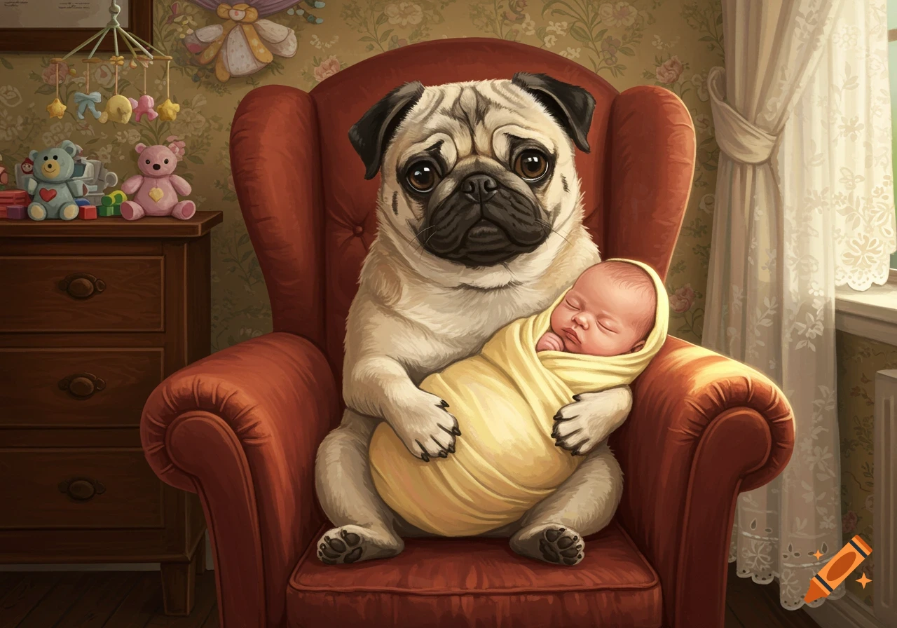 An illustration of a pug sitting in a red armchair, gently holding a swaddled baby in its arms.