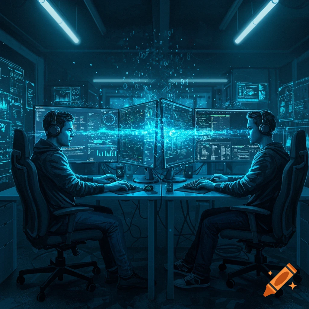 Two people in headphones work at computers with multiple screens displaying glowing blue code and data in a dark, cyberpunk room.