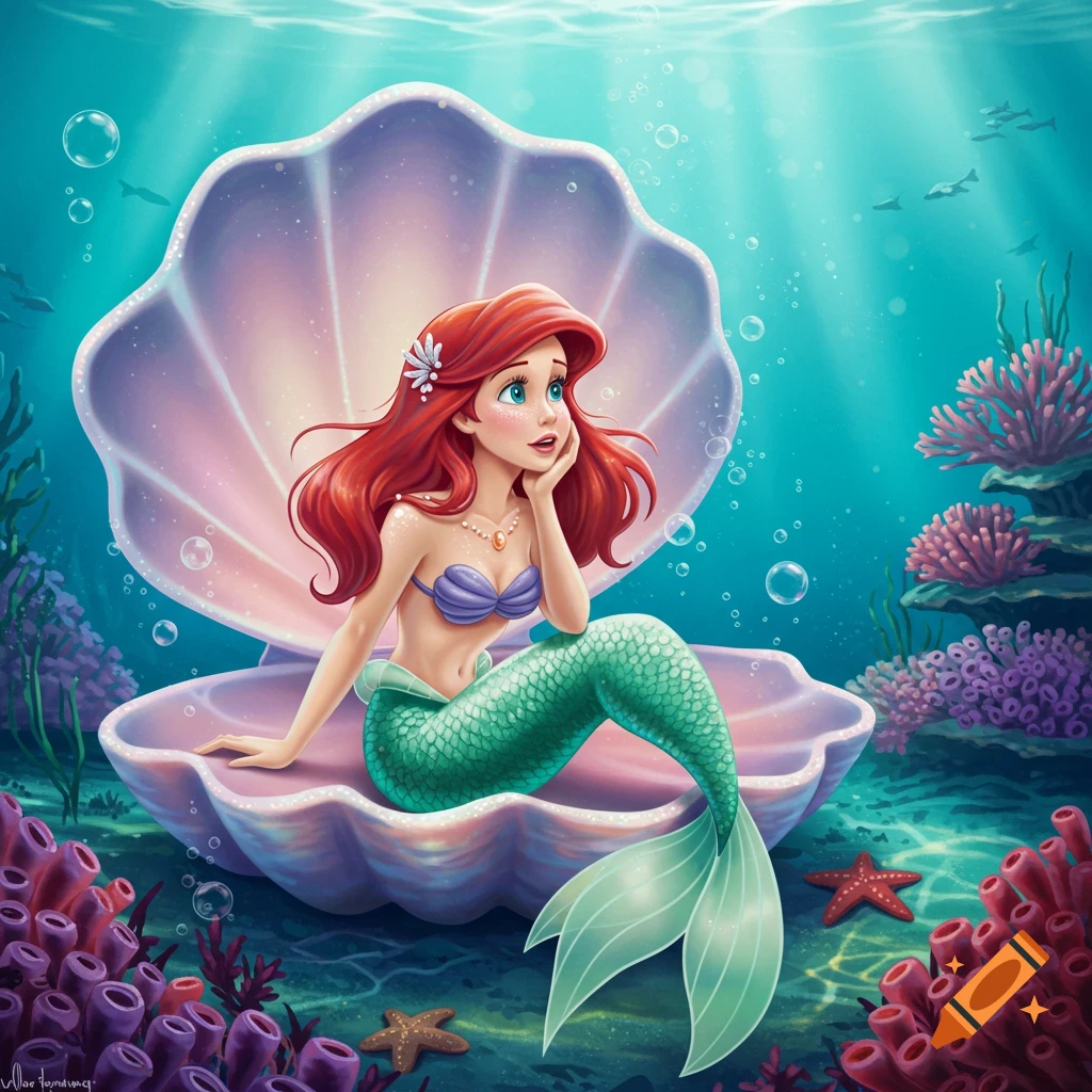 Ariel the Little Mermaid with red hair and a green tail sits in a large open seashell underwater, surrounded by coral and bubbles.