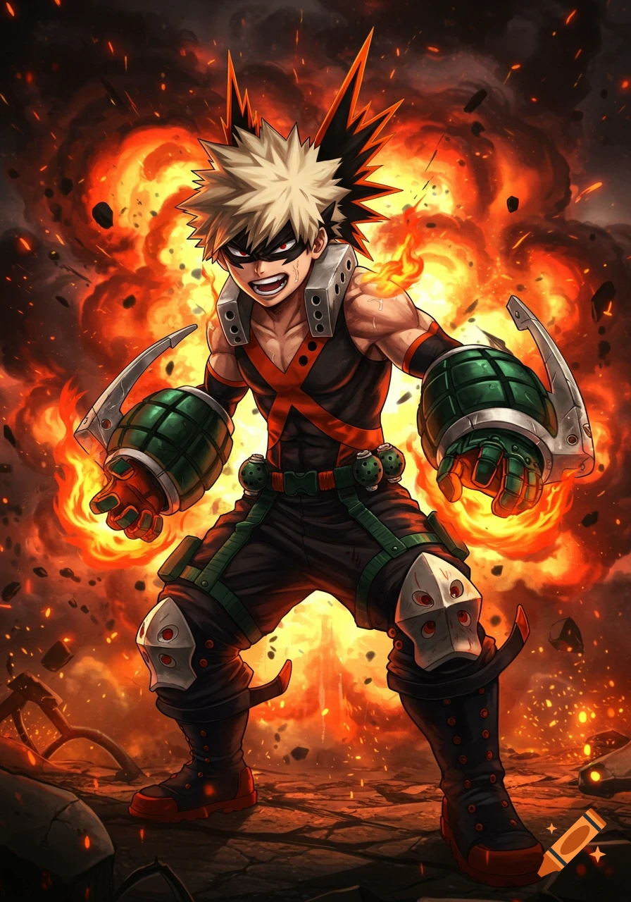Anime character Bakugo in his hero costume, with spiky blond hair, red eyes, and a mask, surrounded by explosions.