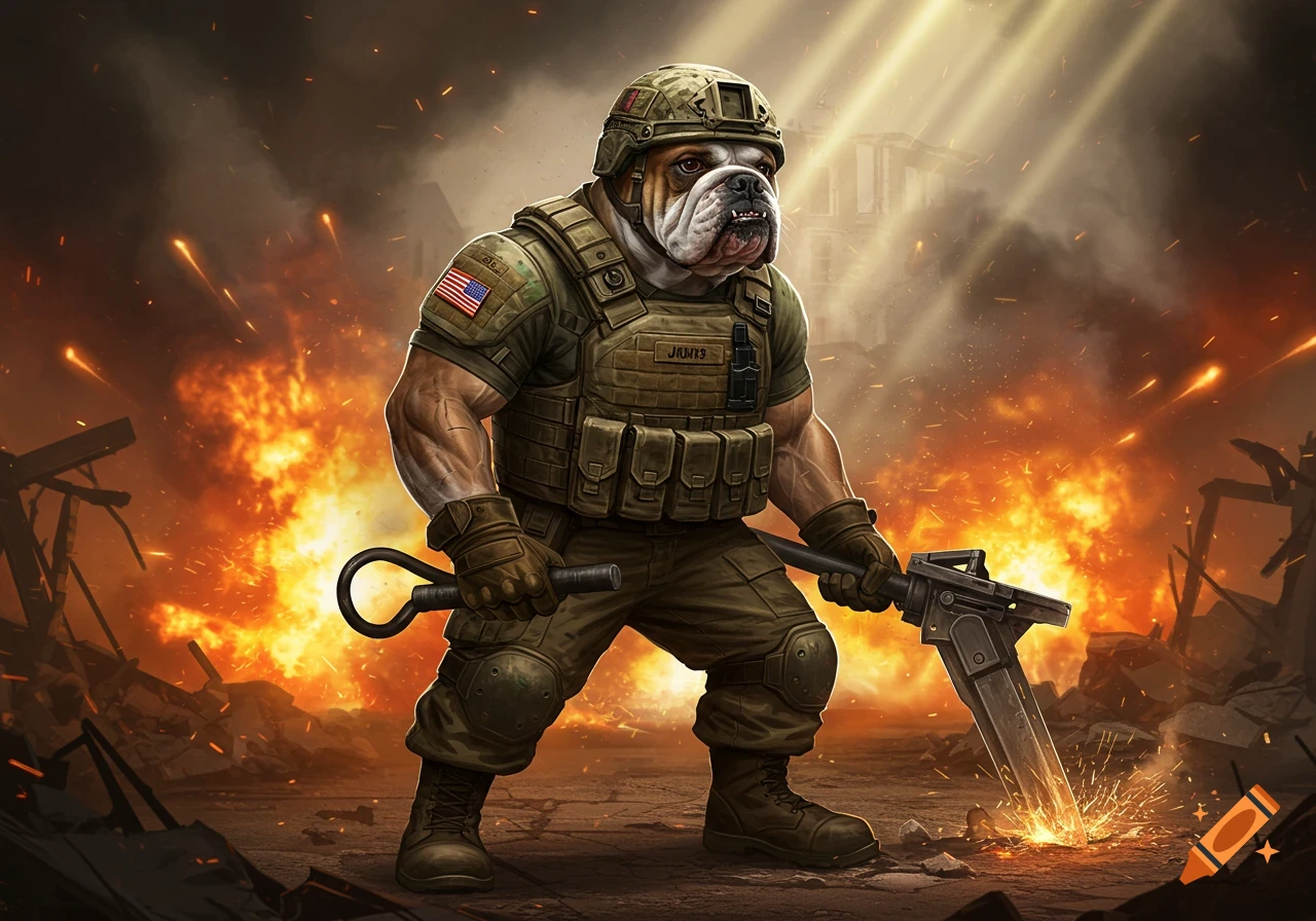 Muscular bulldog in army gear, helmet, and body armor wields a large weapon in a fiery, destructive battleground. Digital art.
