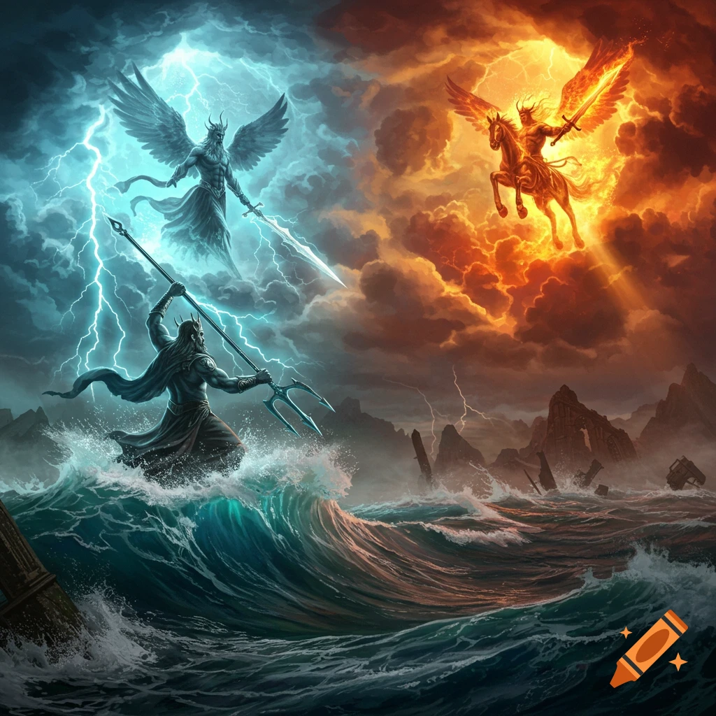 Epic fantasy art: A god with a trident in stormy seas battles a winged god in lightning and a winged rider in fiery clouds.
