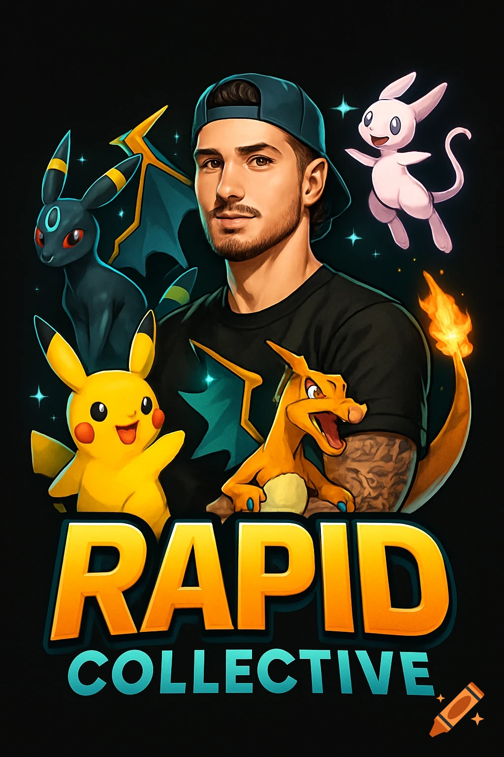 Stylized illustration of a man with a cap, surrounded by Pikachu, Umbreon, Charizard, and Mew, with the text 'RAPID COLLECTIVE' below.
