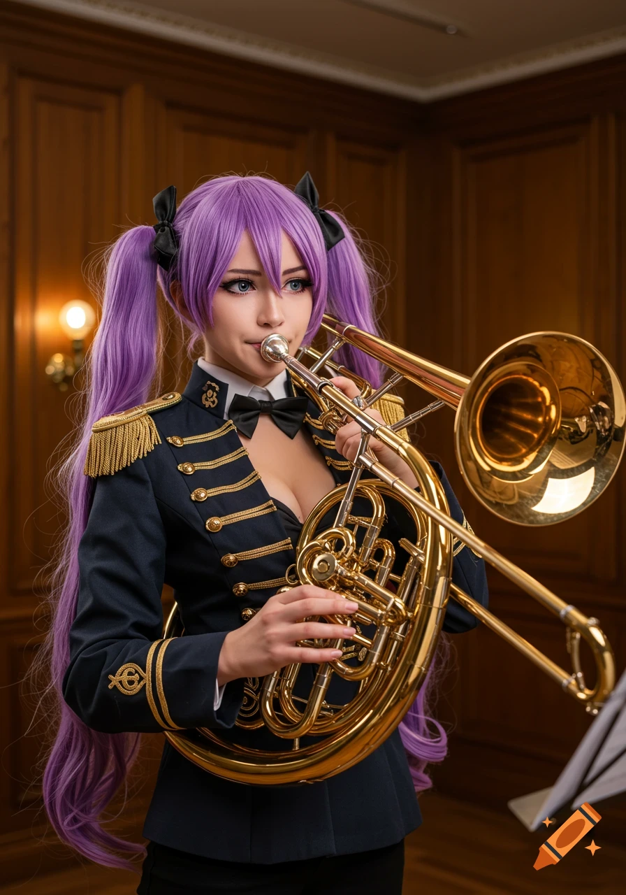 A woman with purple pigtails in a low-cut military uniform plays a brass instrument in a formal room, photorealistic.